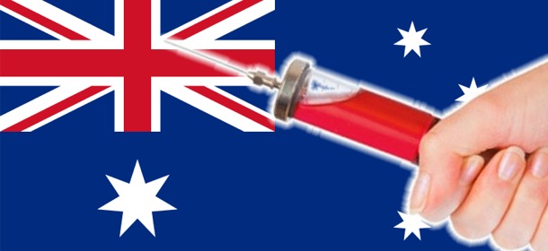Australian Flag with Fist-Held Syringe Superimposed